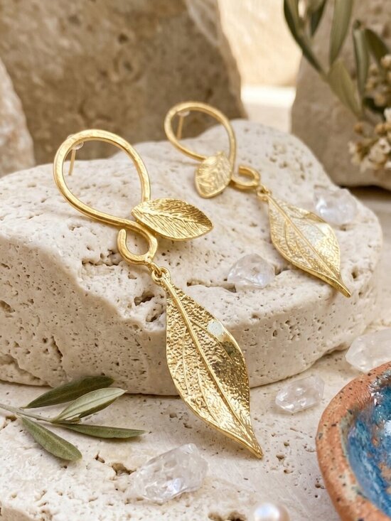 NKULTD Jewelry - Turkish Gold Leaf Drop Earrings 18K Plated Brass Boho Statement Dangle Handmade
